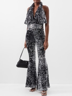 RICHARD QUINN Sequinned halterneck jumpsuit in silver ~ 70s vintage inspired evening fashion ~ occasion glamour ~ sequin covered halter neck jumpsuits ~ luxe disco inspired fashion - flipped