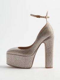 VALENTINO GARAVANI Tan-Go 155 crystal-embellished platform pumps in silver ~ shimmering block heel platforms covered in crystals ~ glamorous evening occasion shoes ~ glam retro inspired party footwear ~ slender ankle strap ~ luxe vintage style high heels