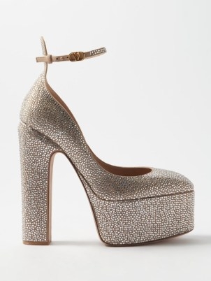 VALENTINO GARAVANI Tan-Go 155 crystal-embellished platform pumps in silver ~ shimmering block heel platforms covered in crystals ~ glamorous evening occasion shoes ~ glam retro inspired party footwear ~ slender ankle strap ~ luxe vintage style high heels - flipped