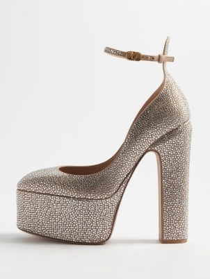 VALENTINO GARAVANI Tan-Go 155 crystal-embellished platform pumps in silver ~ shimmering block heel platforms covered in crystals ~ glamorous evening occasion shoes ~ glam retro inspired party footwear ~ slender ankle strap ~ luxe vintage style high heels