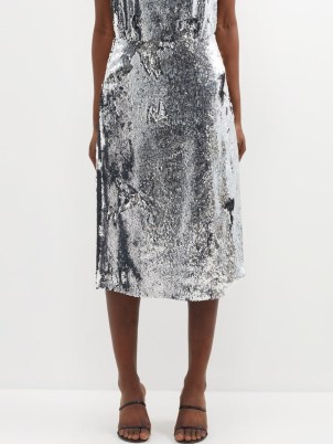 MARQUES’ALMEIDA Upcycled sequinned midi skirt in silver ~ women’s metallic evening skirts - flipped