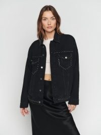 Reformation Simone Oversized Denim Jacket in Washed Black Studded | women’s casual relaxed fit stud trimmed jackets