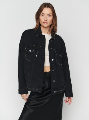 Reformation Simone Oversized Denim Jacket in Washed Black Studded | women’s casual relaxed fit stud trimmed jackets - flipped