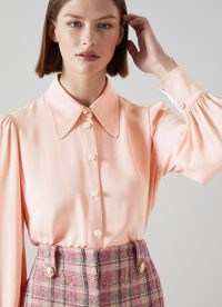 L.K. BENNETT Sonya Pink Crepe Blouse ~ womens collared vintage style blouses ~ women’s luxe retro inspired shirts