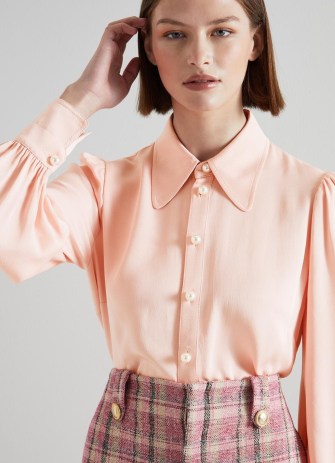 L.K. BENNETT Sonya Pink Crepe Blouse ~ womens collared vintage style blouses ~ women’s luxe retro inspired shirts - flipped