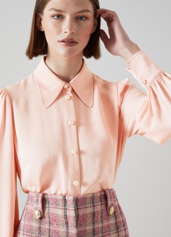 L.K. BENNETT Sonya Pink Crepe Blouse ~ womens collared vintage style blouses ~ women’s luxe retro inspired shirts