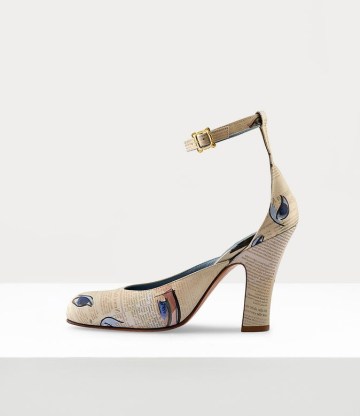 Vivienne Westwood TART SHOE ~ printed block heel almond toe shoes ~ ankle strap ~ ‘Vivienne’s Eyes’ artwork print ~ womens designer retro style footwear - flipped