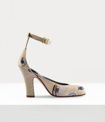 Vivienne Westwood TART SHOE ~ printed block heel almond toe shoes ~ ankle strap ~ ‘Vivienne’s Eyes’ artwork print ~ womens designer retro style footwear