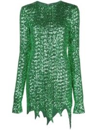 The Attico sequin-embellished minidress in green ~ sequinned jagged hem mini dresses ~ asymmetric hemline ~ womens glittering party clothes