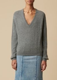 KHAITE THE SAM SWEATER in Smoke | womens luxe knitwear | grey V-neck drop shoulder sweaters