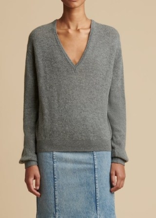KHAITE THE SAM SWEATER in Smoke | womens luxe knitwear | grey V-neck drop shoulder sweaters - flipped