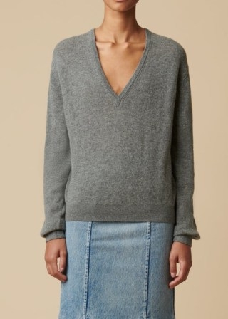 KHAITE THE SAM SWEATER in Smoke | womens luxe knitwear | grey V-neck drop shoulder sweaters