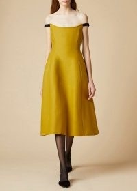 KHAITE THE UMA DRESS in Mustard – dark yellow off the shoulder dresses – bardot fit and flare occasion fashion