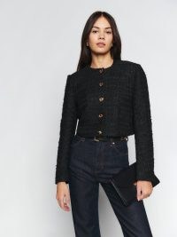 Reformation Trista Jacket in Black – classic cropped jackets – women’s tweed outerwear – gold button detail