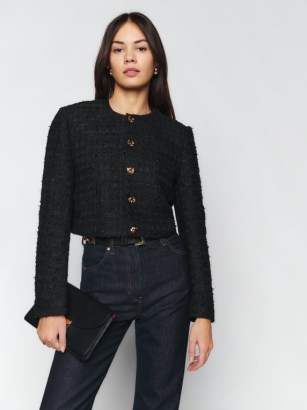 Reformation Trista Jacket in Black – classic cropped jackets – women’s tweed outerwear – gold button detail - flipped