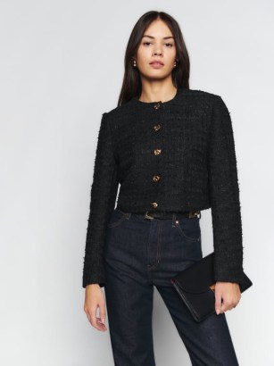 Reformation Trista Jacket in Black – classic cropped jackets – women’s tweed outerwear – gold button detail
