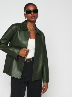 Veda Mercer Leather Shirt Jacket in Olive ~ womens luxe green shackets ~ The Reformation - flipped
