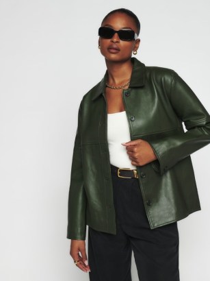 Veda Mercer Leather Shirt Jacket in Olive ~ womens luxe green shackets ~ The Reformation