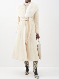 GUCCI Faux-fur collar belted wool-blend coat in cream / women’s luxe winter coats