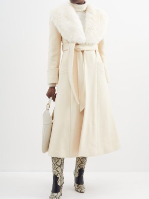 GUCCI Faux-fur collar belted wool-blend coat in cream / women’s luxe winter coats - flipped