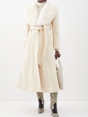 GUCCI Faux-fur collar belted wool-blend coat in cream / women’s luxe winter coats