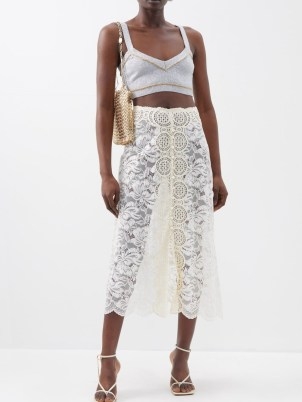PACO RABANNE High-waist floral-lace midi skirt in ivory ~ sheer scalloped hem dresses ~ front slit - flipped