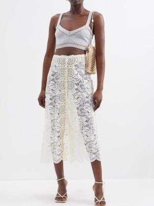 PACO RABANNE High-waist floral-lace midi skirt in ivory ~ sheer scalloped hem dresses ~ front slit