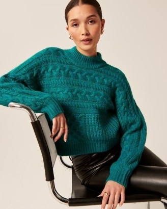 Abercrombie & Fitch Cable Crew Dolman Sweater in Teal ~ womens blue-green sweaters - flipped