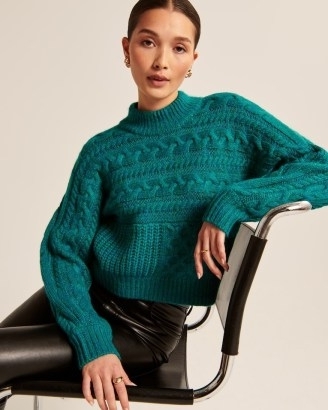 Abercrombie & Fitch Cable Crew Dolman Sweater in Teal ~ womens blue-green sweaters