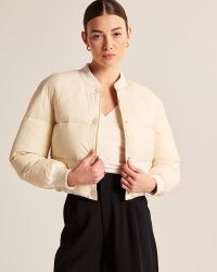 Abercrombie & Fitch Cropped Bomber Jacket in Cream ~ women’s casual crop hem jackets