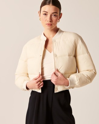 Abercrombie & Fitch Cropped Bomber Jacket in Cream ~ women’s casual crop hem jackets - flipped