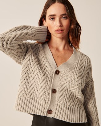 Abercrombie & Fitch Herringbone Stitch Cardigan in Light Brown | womens short length relaxed fit drop shoulder cardigans - flipped