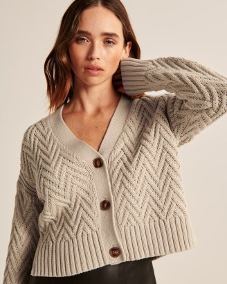 Abercrombie & Fitch Herringbone Stitch Cardigan in Light Brown | womens short length relaxed fit drop shoulder cardigans