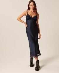 Abercrombie & Fitch Lace and Satin Slip Midi Dress in Navy ~ dark blue cami strap dresses ~ cami shoulder straps ~ strappy silky fashion