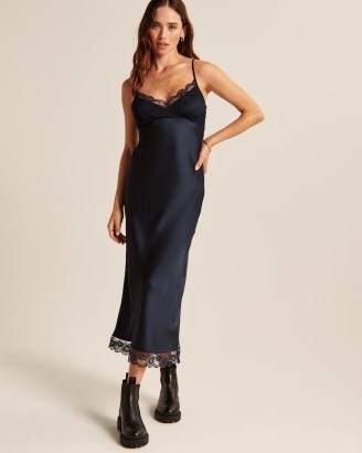 Abercrombie & Fitch Lace and Satin Slip Midi Dress in Navy ~ dark blue cami strap dresses ~ cami shoulder straps ~ strappy silky fashion - flipped