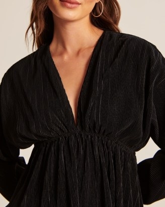 Abercrombie & Fitch Long-Sleeve Easy Waist Satin Top in black ~ pleated V-neck empire line tops - flipped