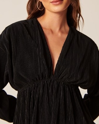 Abercrombie & Fitch Long-Sleeve Easy Waist Satin Top in black ~ pleated V-neck empire line tops