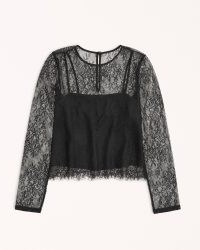Abercrombie & Fitch Long-Sleeve Lace Top in Black ~ semi sheer cami lined tops