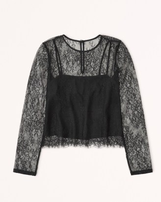Abercrombie & Fitch Long-Sleeve Lace Top in Black ~ semi sheer cami lined tops - flipped