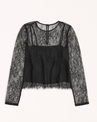 Abercrombie & Fitch Long-Sleeve Lace Top in Black ~ semi sheer cami lined tops