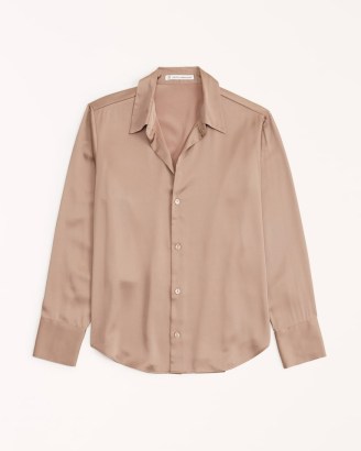 Abercrombie & Fitch Long-Sleeve Satin Button-Up Shirt in Brown ~ womens silky luxe style shirts - flipped