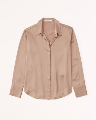 Abercrombie & Fitch Long-Sleeve Satin Button-Up Shirt in Brown ~ womens silky luxe style shirts