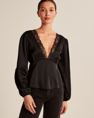 Abercrombie & Fitch Long-Sleeve Satin Lace-Trim Top in Black ~ deep plunge empire waist tops ~ back tie detail - flipped