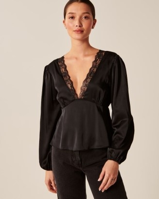 Abercrombie & Fitch Long-Sleeve Satin Lace-Trim Top in Black ~ deep plunge empire waist tops ~ back tie detail