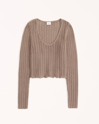 Abercrombie & Fitch Long-Sleeve Scoopneck Sweater Top in Taupe ~ womens brown-tone knitted cotton tops - flipped