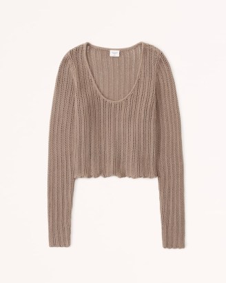 Abercrombie & Fitch Long-Sleeve Scoopneck Sweater Top in Taupe ~ womens brown-tone knitted cotton tops
