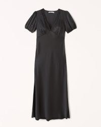 Abercrombie & Fitch Puff Sleeve Lace-Trim Midi Dress in Black ~ satin puffed sleeved slip dresses ~ side slit detail