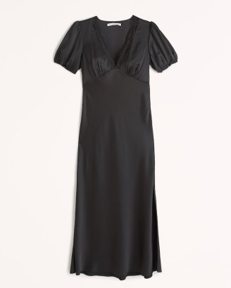 Abercrombie & Fitch Puff Sleeve Lace-Trim Midi Dress in Black ~ satin puffed sleeved slip dresses ~ side slit detail - flipped