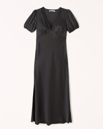 Abercrombie & Fitch Puff Sleeve Lace-Trim Midi Dress in Black ~ satin puffed sleeved slip dresses ~ side slit detail