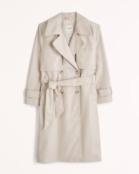 Abercrombie & Fitch Vegan Leather Trench Coat in Light Taupe ~ luxe style tie waist coats ~ womens on-trend outerwear